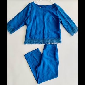 shirt and pants set in linen,Perl buttons,in blue